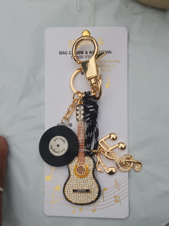 Piper Accessories - Piper- K Gold-Tone Guitar Keychain/Bag Charm w Black Vinyl Record & Bling Notes